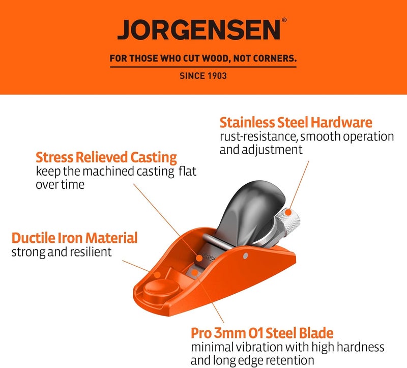Jorgensen 3.5" Mini Wood Planer - Mini Hand Planer for Woodworking, Block Plane, Small Hand Plane for Trimming, Wood Planing, Craft, Professional Ductile Iron Body, Adjustable Cutting Depth - Image 2